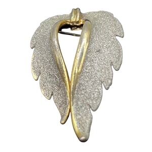 Vintage Angel Wing Brooch Gold Tone Silver Textured Leaf Feather Pin